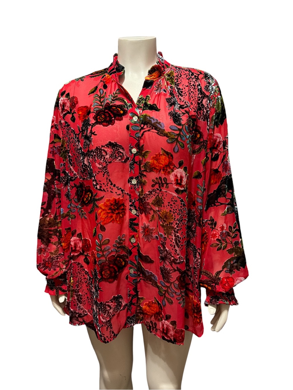 NWT John Mark Magic Moments Plus 1X Red Floral Burnout Velvet Button Blouse Boho